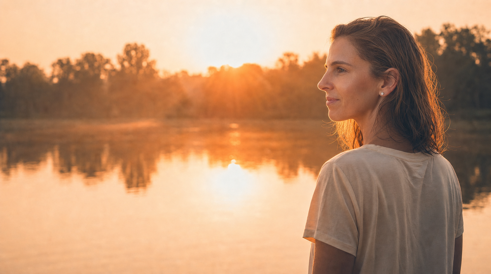 Tamar at sunset by a calm lake, reflecting warmth, renewal, and inner peace