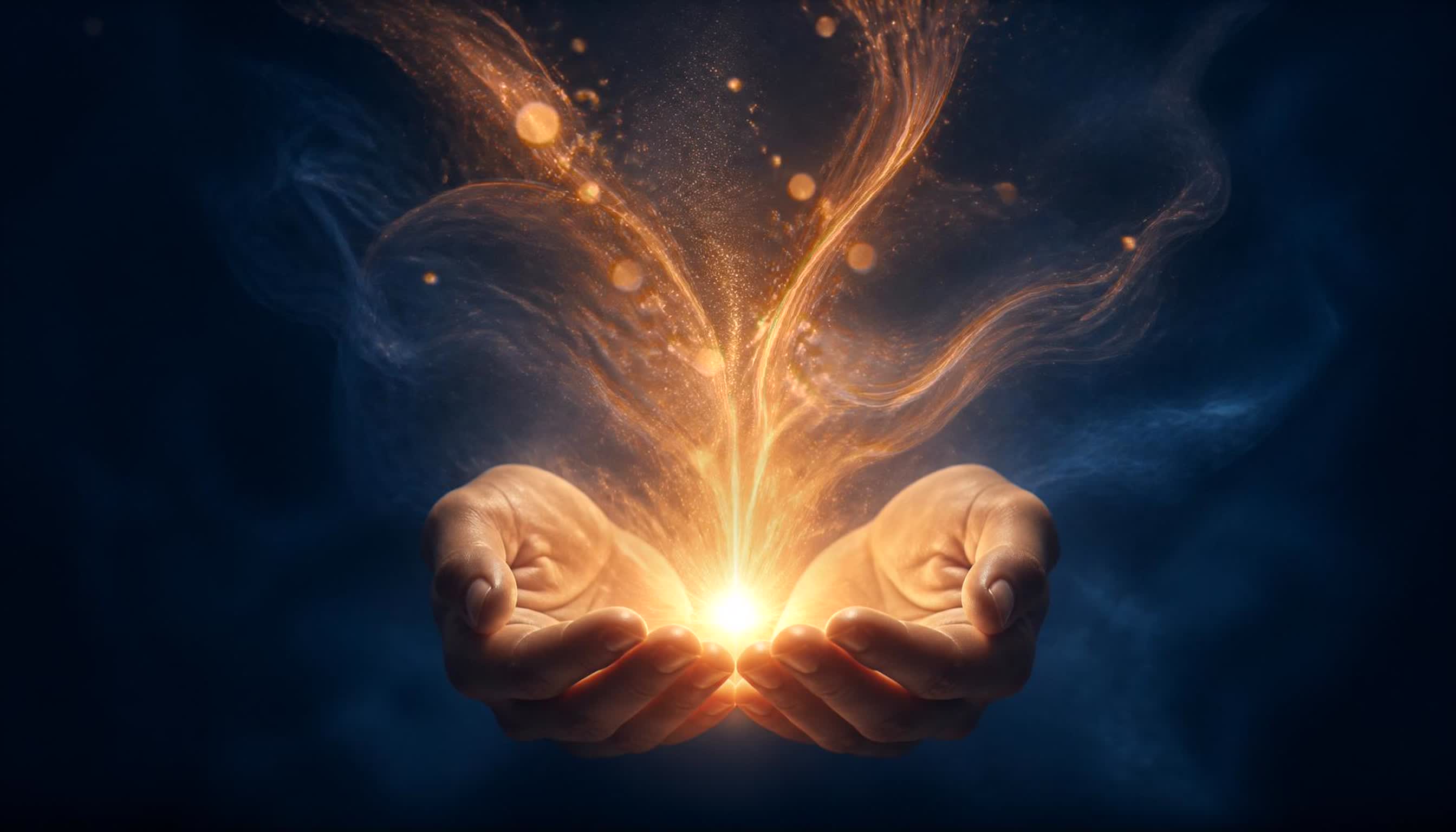Gentle hands cupping a luminous flame of golden light, symbolizing renewed energy and inner light